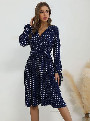 V-neck Pleated Polka Dot Mid-length Dress