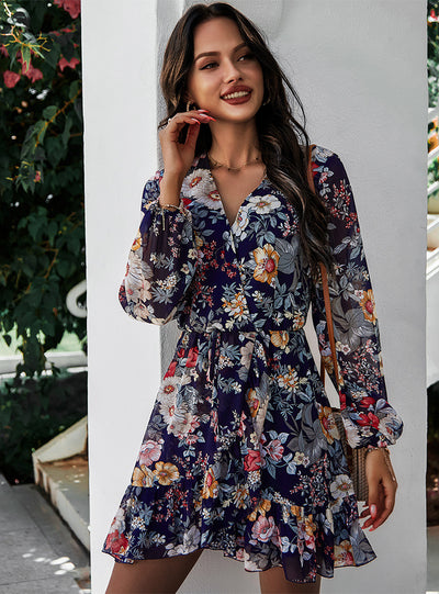 V-neck Long Sleeve Chiffon Printed Dress