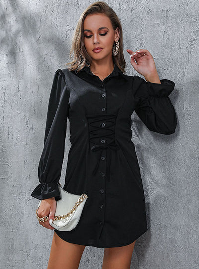 Slim Cardigan Long Sleeve Lapel Shirt Dress