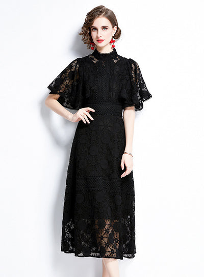 Black Lace High Neck Short Sleeve Dress