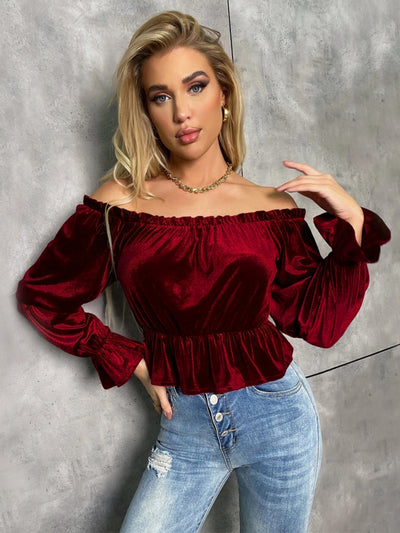 Ruffled Velvet Long-sleeved T-shirt Top