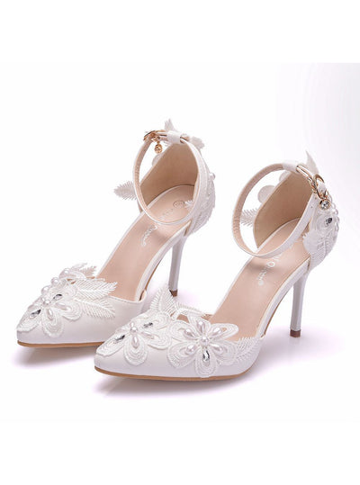 White Lace Rhinestone Pearls Wedding Shoes