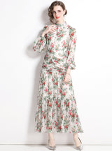 Collar Lantern Long Sleeve Pleated Chiffon Print Dress