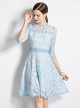 Blue Lace Stitching 3/4 Sleeve Dress