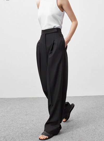 Women High Waist Pockets Female Pleated Wide Leg Pants