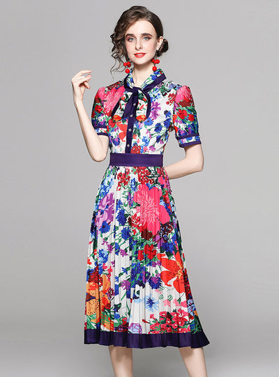 Printed Short Sleeve Slim Pleated Dress