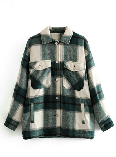 Winter Women Green Plaid Long Coat Jacket