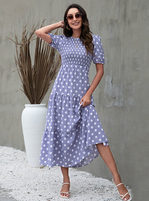 Round Neck Bubble Sleeve Polka Dot Print Dress