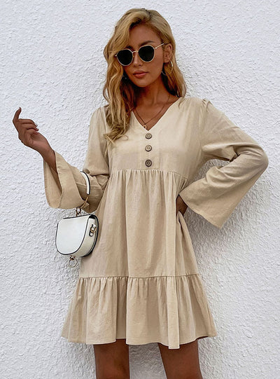 Design Button Trumpet Sleeve V-neck Dress