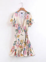 Floral Printed Dress Lady Cross V Neck Tie Waist