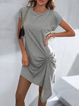 Round Neck Knitted Short Sleeve Irregular Dress