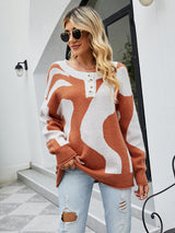 Color Button Crewneck Stitching Sweater