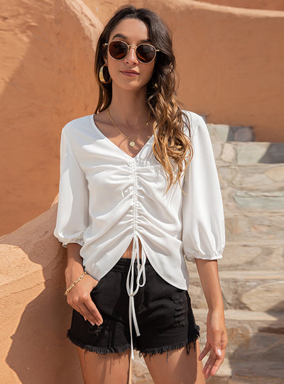 V-neck Drawstring 3/4 Sleeve Chiffon Shirt