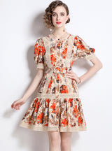 Print Bubble Sleeve Waist Slim Dress