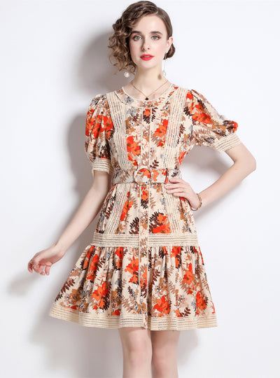 Print Bubble Sleeve Waist Slim Dress