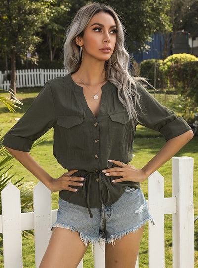 V-neck Lace-up Pocket Shirt