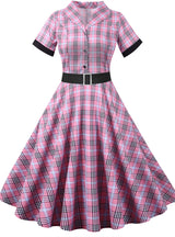 Retro Short Sleeve Plaid Print Dress