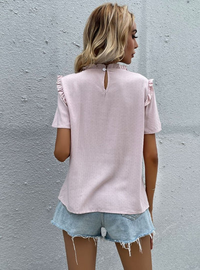 Pink Round Neck Wood Ear Fold Shirt