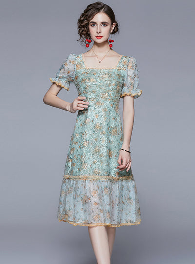 Square Trumpet Sleeve Pearl Lace Print Dress