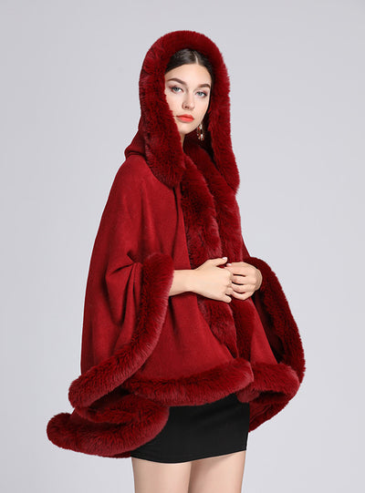 Wool Collar Hooded Shawl Large Size Loose Cloak