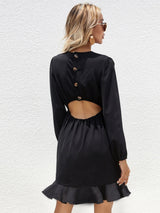 Black Ruffled Long-sleeved Dress