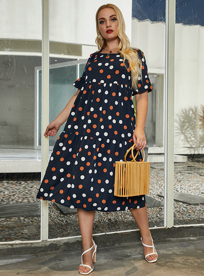 Round Neck Sleeve Polka Dot Print Big Swing Dress