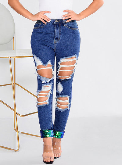 Straight Paillette Beggar Big Holes Jeans