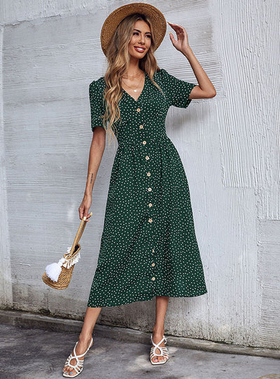 Button Dot V-neck Short Sleeve Dress