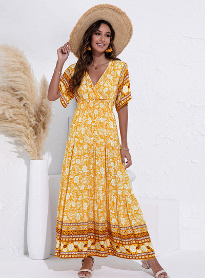 V-neck High Waist Big Swing Printed Dress