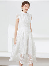 Lace Embroidered Short Sleeve High Neck Dress