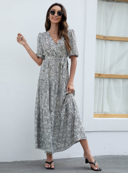 V-neck Printed Bubble Sleeve Dress