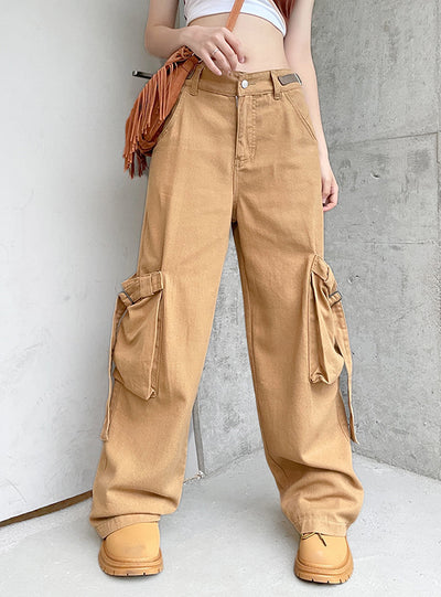 Side Pocket Stitching Low Waist Straight Pants