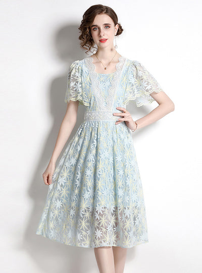 V-neck Lace Waist Slim Floral Dress