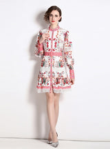 Stand-up Ppenwork Long Sleeve Print Dress