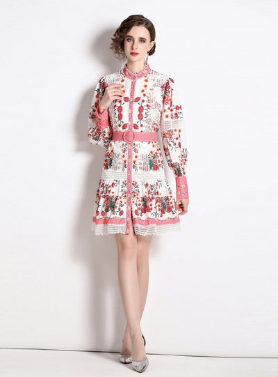 Stand-up Ppenwork Long Sleeve Print Dress