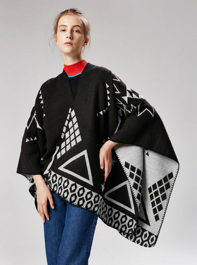 Geometric Pattern Split Lengthened Shawl Cashmere Cloak