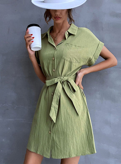 Green Lapel Short Sleeves Shirt Dress