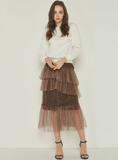 Wavelet Cake Skirt Pleated Mesh Leopard Print