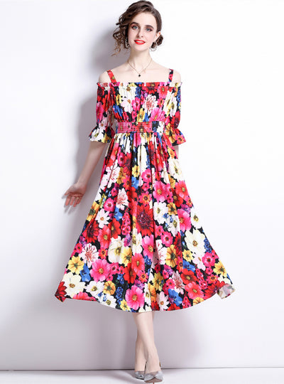 Beach Short Sleeve Printed Elastic Waist Dress