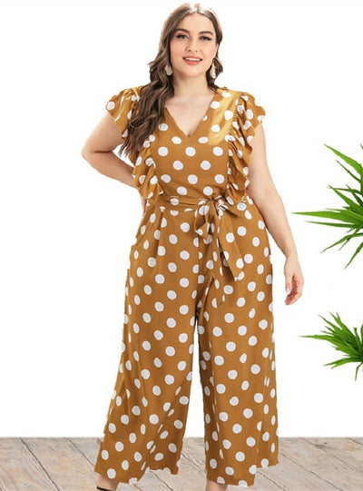 Wide-leg Large Size Ruffles Wavy Spots Jumpsuit