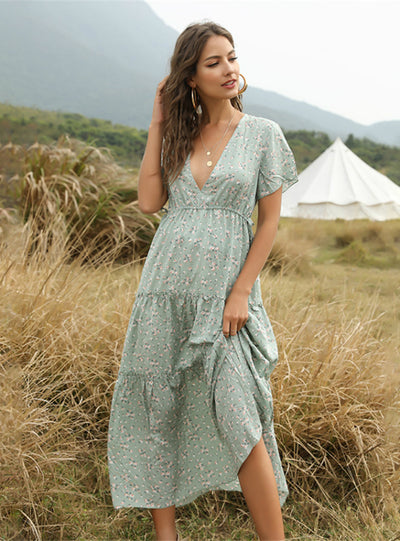 Boho Long Dress Ruffle Short-Sleeve V-neck Dress