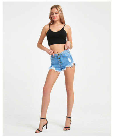 High-breasted Pierced Tassel Denim Shorts