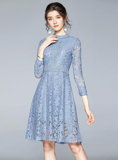 Blue 3/4 Sleeve Collar Openwork Lace Dress