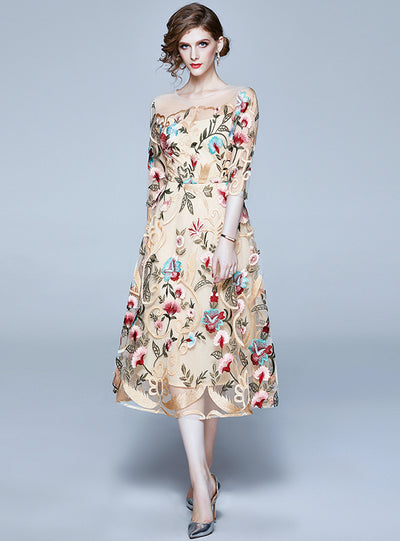 Heavy Wmbroidery Flower Long Dress