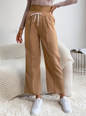 Retro Drawstring Elastic High Waist Wide Leg Pants