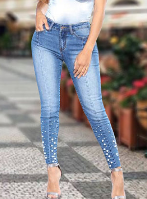 Pearl Pencil Pants Denim Elastic Feet Pants