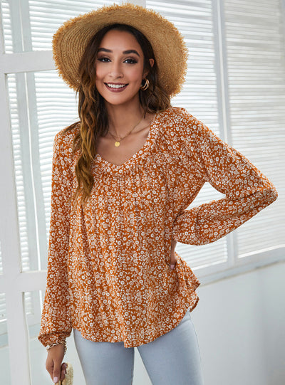 V-neck Printed Lantern Long Sleeve Top