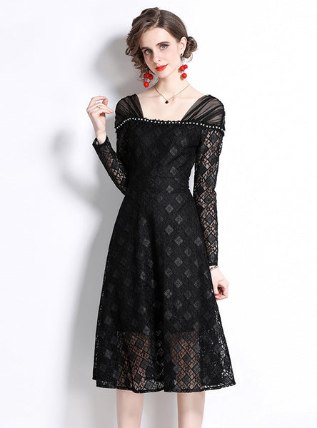 Sexy V-neck Beaded Black Lace Dress