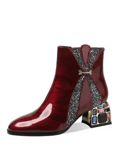 Pointed Tube Patent Leather Leather Rhinestones Boots