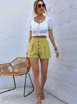 Button-waist Cotton Solid Color Shorts